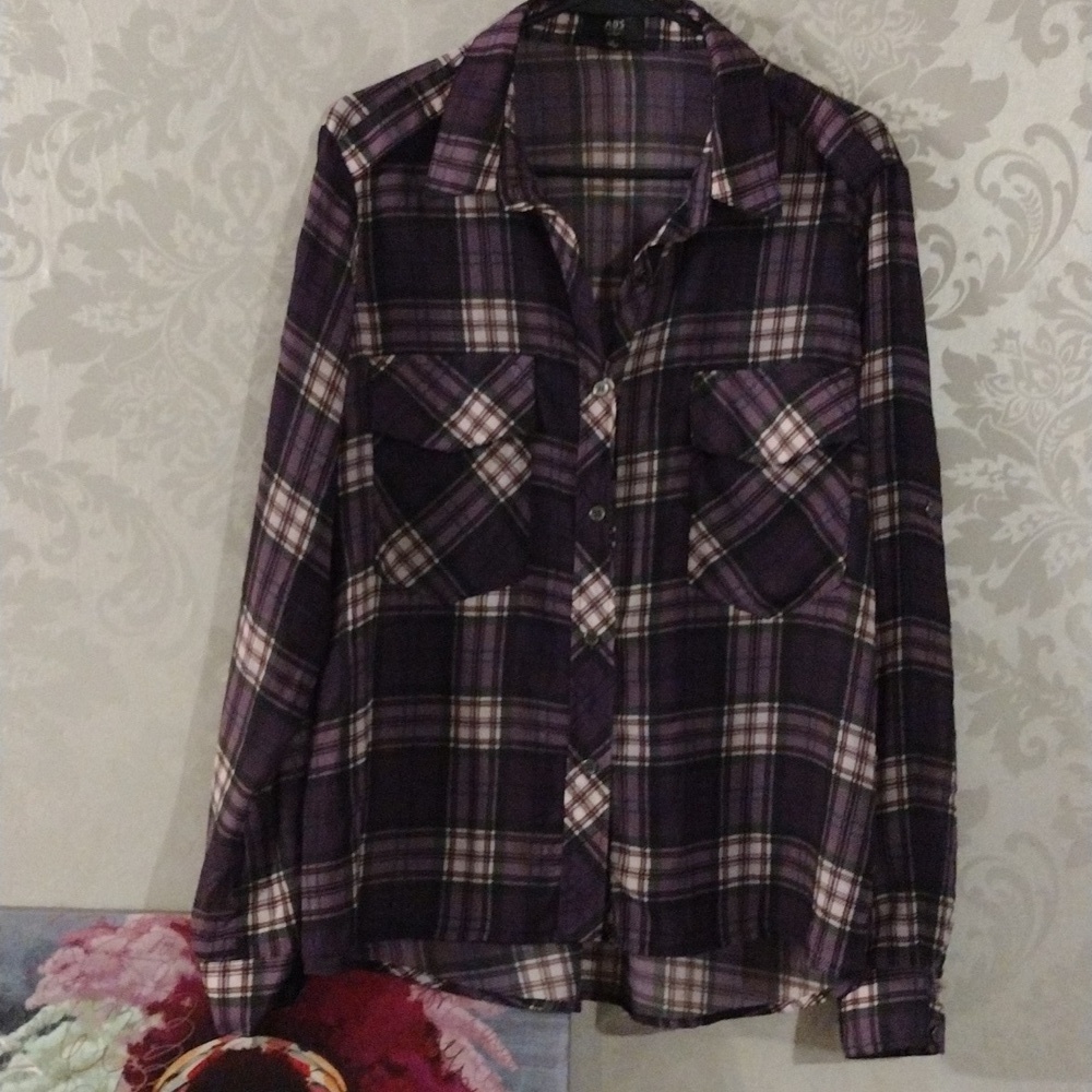 ABS PLAID SHEER BUTTON DOWN SHIRT L